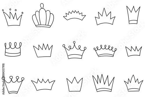 Hand-drawn doodle set of crowns on a white background.