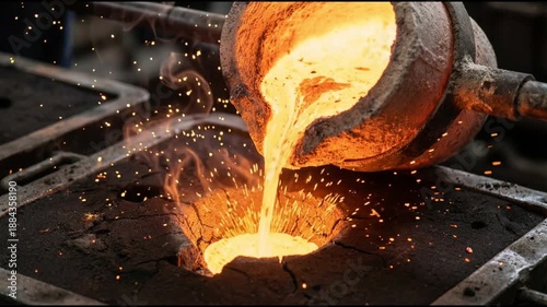 Luminous molten metal stream pouring into industrial sand casting mold with vibrant glowing sparks