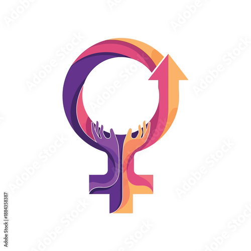 Female empowerment symbol with hands and arrow in gradient colors