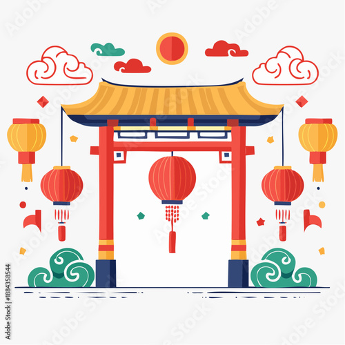 Vibrant flat design illustration of a traditional Chinese temple gate adorned with festive red lanterns, auspicious clouds, and a golden sun, symbolizing cultural celebration and prosperity