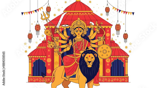 Colorful Hindu Goddess Durga Riding Lion against a Temple Mandap for Navaratri Festival
