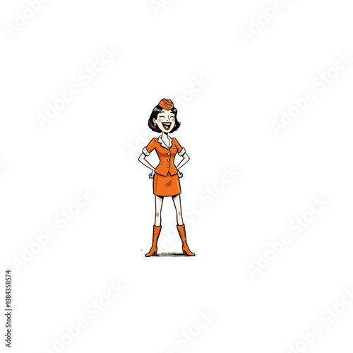 Smiling flight attendant in orange uniform with hands on hips.