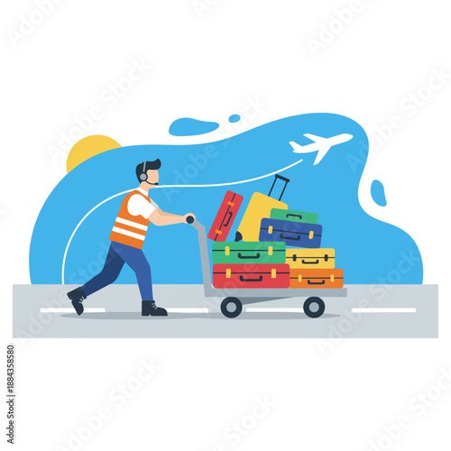 Airport worker pushing cart full of luggage.