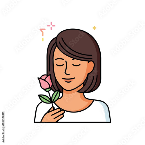 Woman smelling a pink rose with closed eyes and a happy expression on her face.