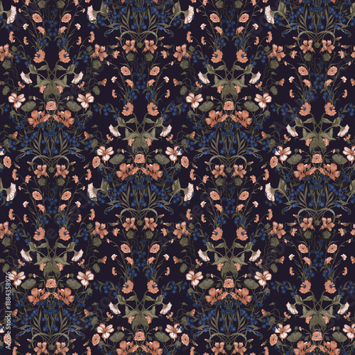 Quadro su tela Victorian Botanical Damask Seamless Pattern - Elegant symmetrical floral bouquet