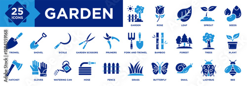 Garden icon collection set. Containing Leaf, Sprout, Seeds, Rose, Bamboo, Hatchet, Pruners, Shovel, Trowel, Garden Scissors icon