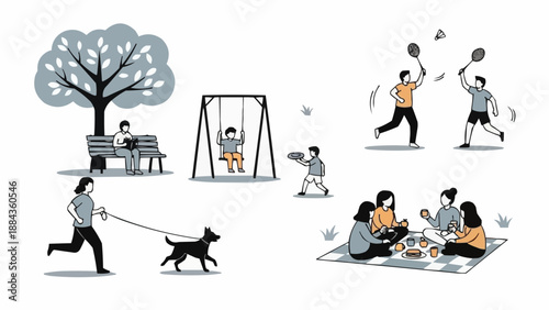 People enjoying various outdoor activities in a park setting.