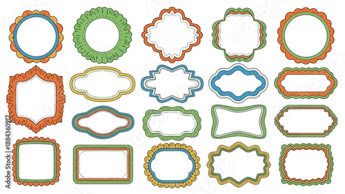 A collection of decorative, colorful, and ornate frames in various shapes and sizes, perfect for design elements.