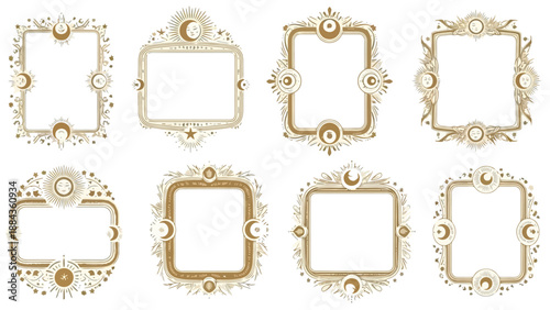 Collection of eight ornate golden celestial frames with moon and sun motifs.