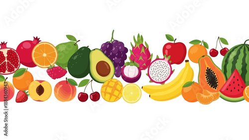 A vibrant and colorful assortment of fresh fruits arranged in a horizontal banner, showcasing a diverse selection of nature's bounty.