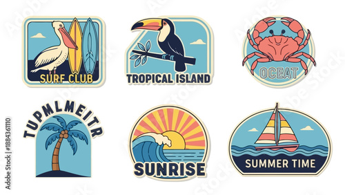 A collection of six vintage-style travel and leisure badges featuring tropical and beach themes.