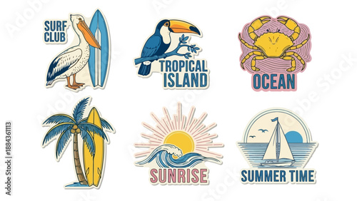 A collection of six vintage-style tropical and beach-themed illustrations featuring a pelican, toucan, crab, palm tree, sunrise, and sailboat.