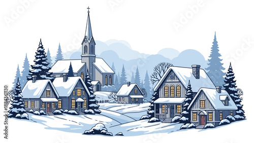 A charming winter village scene with snow-covered houses and a church under a misty sky.