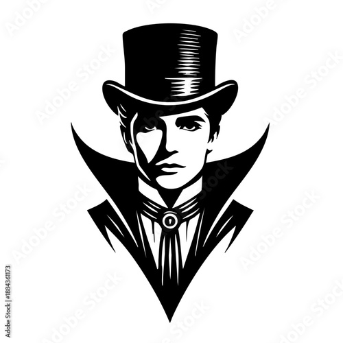 Man in top hat. Portrait of a gentleman in a high top hat and cape. Magician, aristocrat, or Victorian character