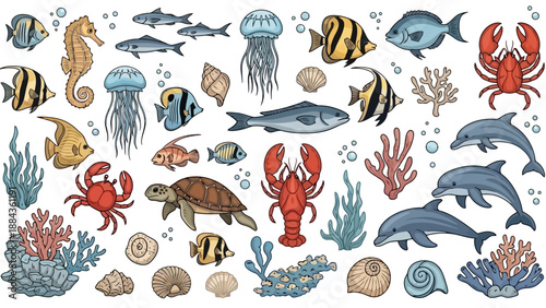 A vibrant collection of colorful marine life, including fish, seahorses, jellyfish, dolphins, crabs, lobsters, and sea turtles, set against a white background.
