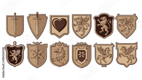 Collection of medieval heraldic shields featuring various emblems like swords, hearts, lions, griffins, and pegasi.