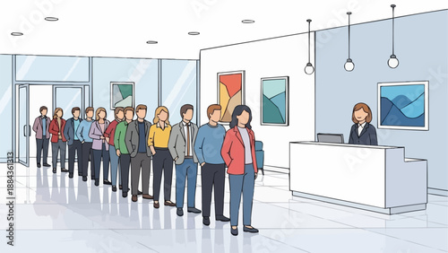 People standing in line at a reception desk in a modern office building.