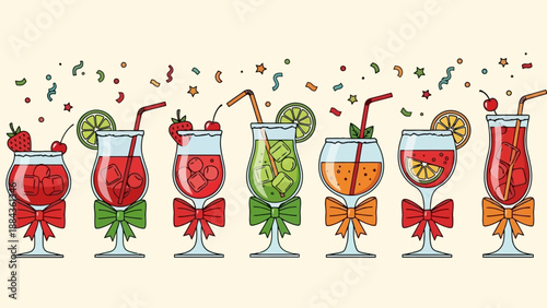 A festive collection of colorful cocktails adorned with bows and garnished with fruit, set against a light background with confetti.