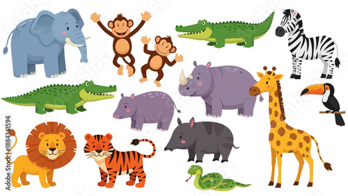 A vibrant collection of diverse wild animals commonly found in a safari or zoo setting, including elephants, monkeys, crocodiles, zebras, lions, tigers, rhinos, giraffes, and toucans.