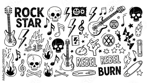 A collection of hand-drawn rock and roll themed doodles including guitars, skulls, flames, lightning bolts, and musical notes.