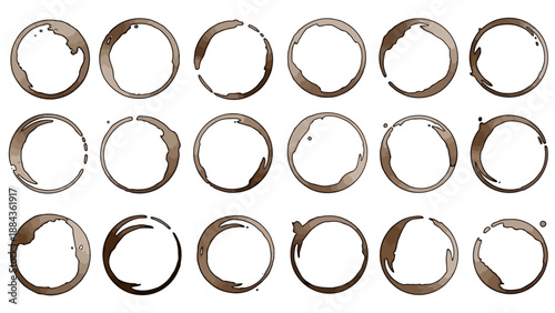 A collection of 20 coffee cup rings stained on a white background, arranged in three rows.