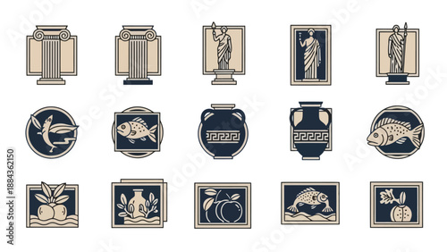 A collection of 15 decorative motifs, including architectural elements, statues, vases, and natural imagery like fish and fruit.