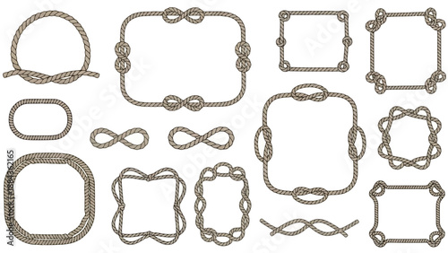 Collection of decorative rope frames and borders with various nautical knot designs and shapes.