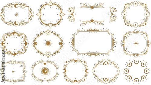 Collection of ornate golden frames with celestial and floral motifs, perfect for elegant designs.