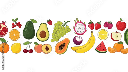 A vibrant and colorful assortment of fresh fruits arranged in a horizontal line, showcasing a variety of healthy and delicious options.