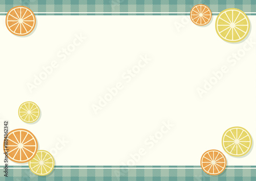 爽やかなブルーチェックと柑橘フルーツのビタミンカラー背景フレーム素材