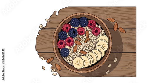 Overhead view of a rustic wooden table with a bowl of oatmeal topped with fresh berries, sliced bananas, and almonds.