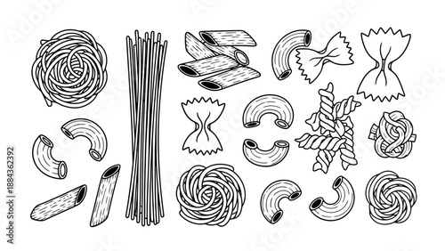 A detailed black and white illustration showcasing a diverse assortment of pasta shapes, including spaghetti, penne, farfalle, and rotini, arranged in a visually appealing composition.