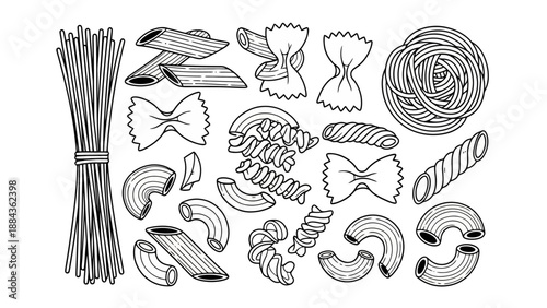 A detailed black and white illustration showcasing a diverse assortment of pasta shapes, including spaghetti, penne, farfalle, fusilli, and macaroni, arranged in a visually appealing composition.