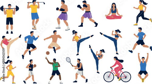 Set of diverse people performing various sports, fitness exercises and outdoor activities