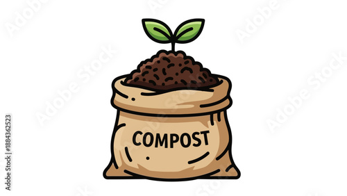 A burlap sack filled with rich, dark compost, with a small green seedling sprouting from the top.