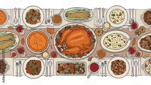 A beautifully illustrated overhead view of a Thanksgiving dinner table laden with a roasted turkey, pies, and various side dishes.
