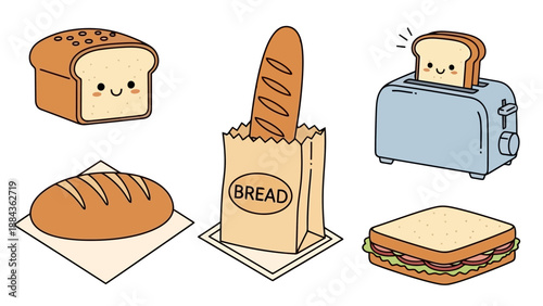 A charming collection of kawaii-style bread illustrations, featuring a loaf, baguette, sandwich, and toast popping out of a toaster.