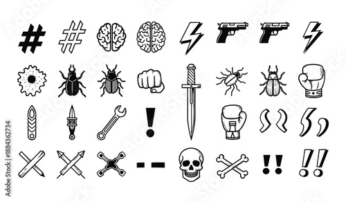 Black and White Icons of Symbols Weapons and Anatomy illustration vector hashtags brains guns fists lightning bolts bugs knives bullets wrenches