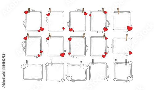 Collection of decorative square frames with heart embellishments and clothespin details on a white background Keywords: frame border square heart red love decoration design element scrapbook