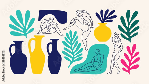 Vibrant Mid-Century Modern Illustration of Matisse-Inspired Figures and Botanical Elements.