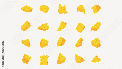 Collection of yellow cheese or natural gold pieces on a white background.