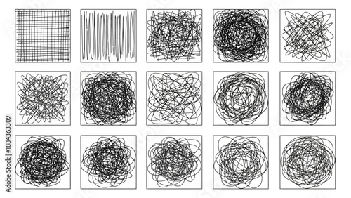 A grid of 15 squares, each containing a different pattern of black scribbled lines on a white background, progressing from organized lines to chaotic scribbles.
