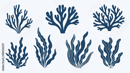 A collection of stylized, dark blue illustrations of various types of seaweed and coral, set against a light blue background.