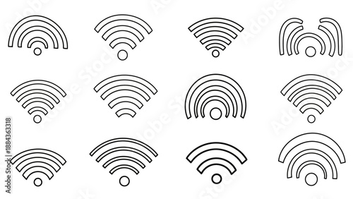 A collection of twelve stylized line art icons representing Wi-Fi signal strength and connectivity, arranged in a grid.