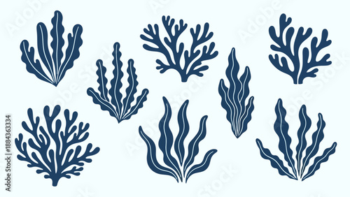 Collection of stylized dark blue seaweed and coral illustrations on a light blue background.
