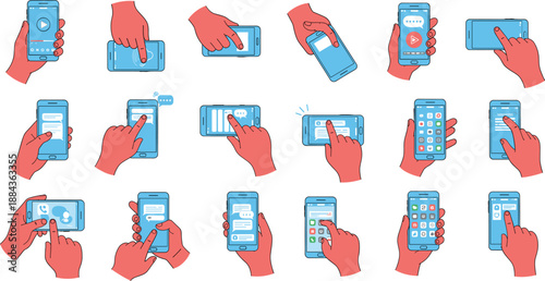 Set of hands holding smartphones and using mobile apps with touch gestures vector illustration