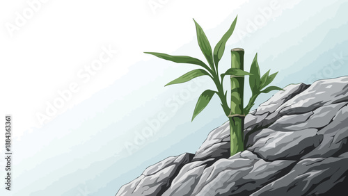 A resilient bamboo shoot emerges from a rocky crevice, symbolizing strength and perseverance against adversity.