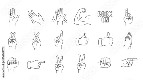 Collection of hand gesture icons illustrating various actions and expressions, including greetings, approval, and emphasis.
