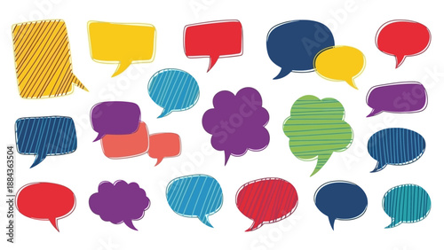 A vibrant collection of hand-drawn speech bubbles in various shapes, sizes, and colors, illustrating communication and ideas.