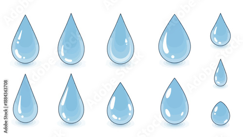 A collection of various sized blue water droplets with subtle shading and highlights, presented against a white background.